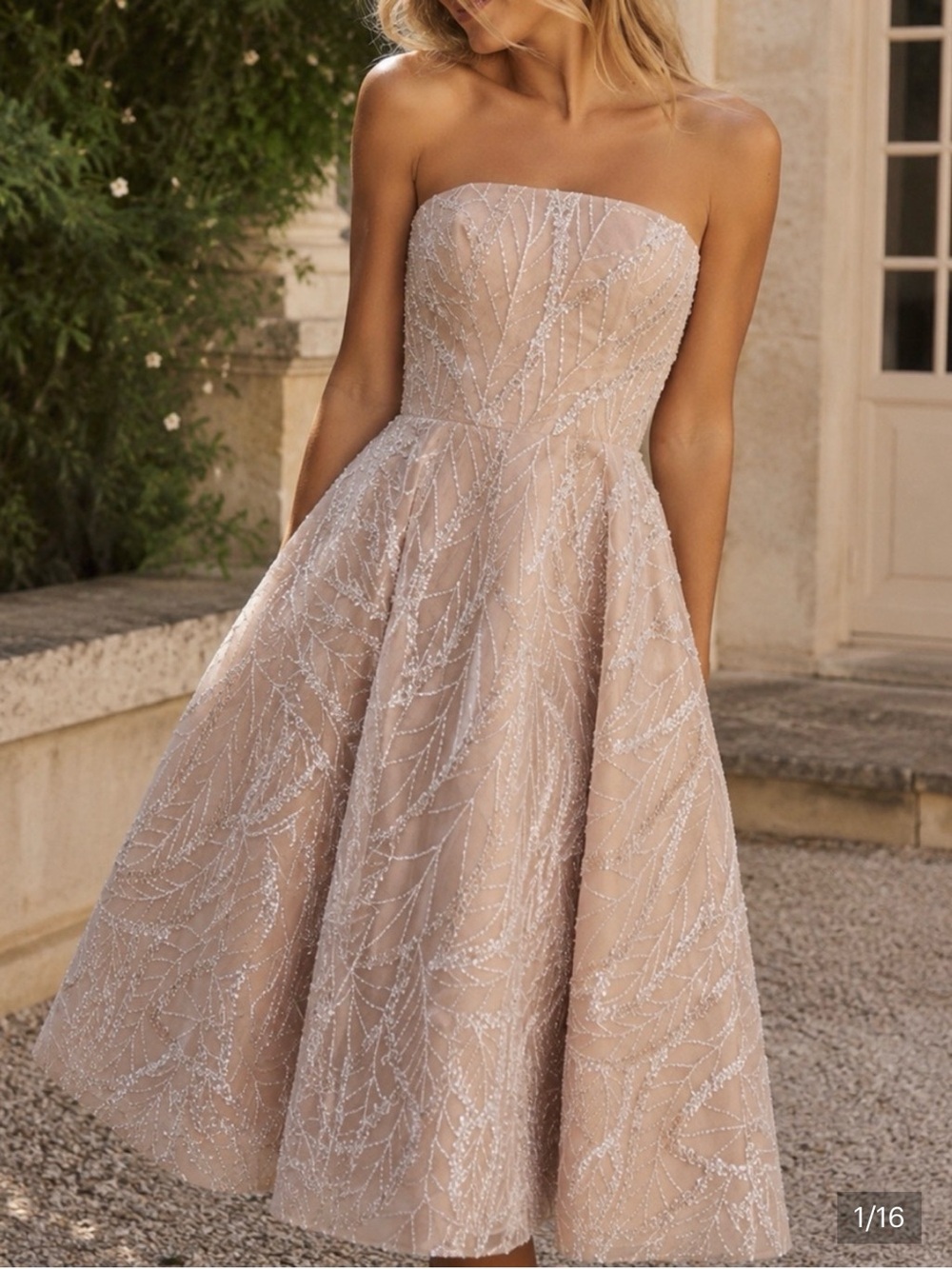 Strapless Beaded Midi Dress in Blush Nude
